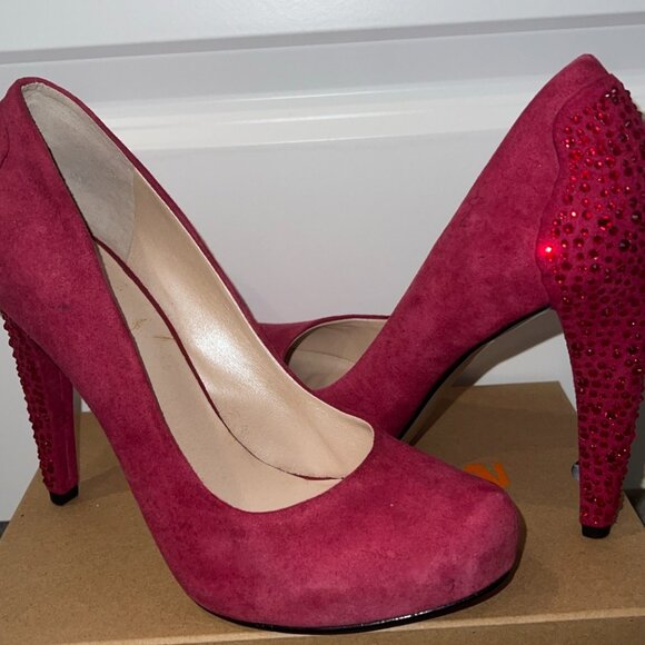 Nine West Pink Suede High Crystals Embellished Heels - Picture 3 of 10